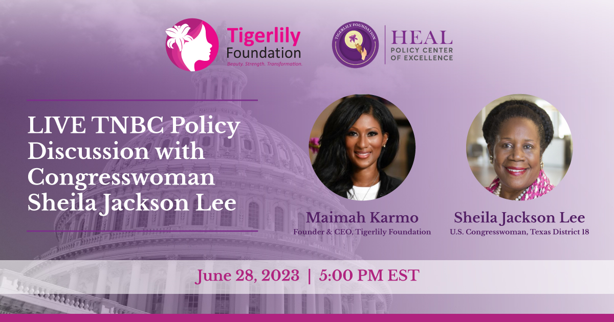 tigerlilycares's tweet photo. Tonight at 5PM EST!๐
Join Tigerlily Foundation as we host a LIVE virtual chat with Congresswoman Sheila Jackson Lee! โจ
@JacksonLeeTX18 @Maimah
Click the link to register: https://t.co/scVvOief4b
#TNBC #TNBCawareness #Policy https://t.co/23UBBlyzl5