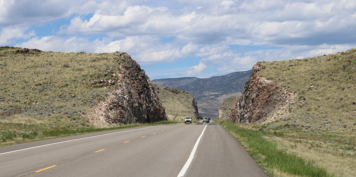 Roadcuts through old lava flows on U.S. Route 285 in Saguache County, Colorado.