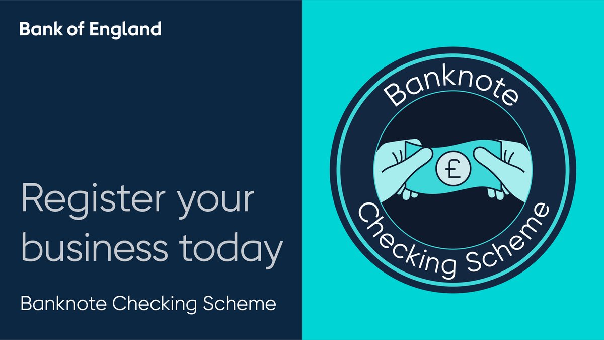 bankofengland's tweet photo. Make sure you're protecting your business from counterfeit notes with the most up-to-date banknote information and news by joining our free Banknote Checking Scheme. Sign up here: https://t.co/98RYl8dNbR https://t.co/AnZC9lyaia