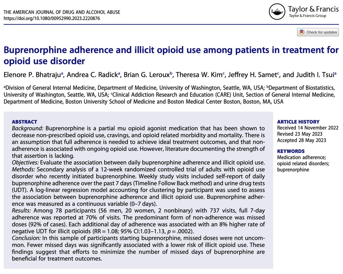 Buprenorphine adherence and illicit opioid use among patients in treatment for opioid use disorder

Bhatraju, Radick, Leroux, Kim, Samet & Tsui

→ doi.org/10.1080/009529…

#MedicationAdherence` #Buprenorphine #OpioidUseDisorder #OpioidUse #Bupe #Treatment @UW_DGIM