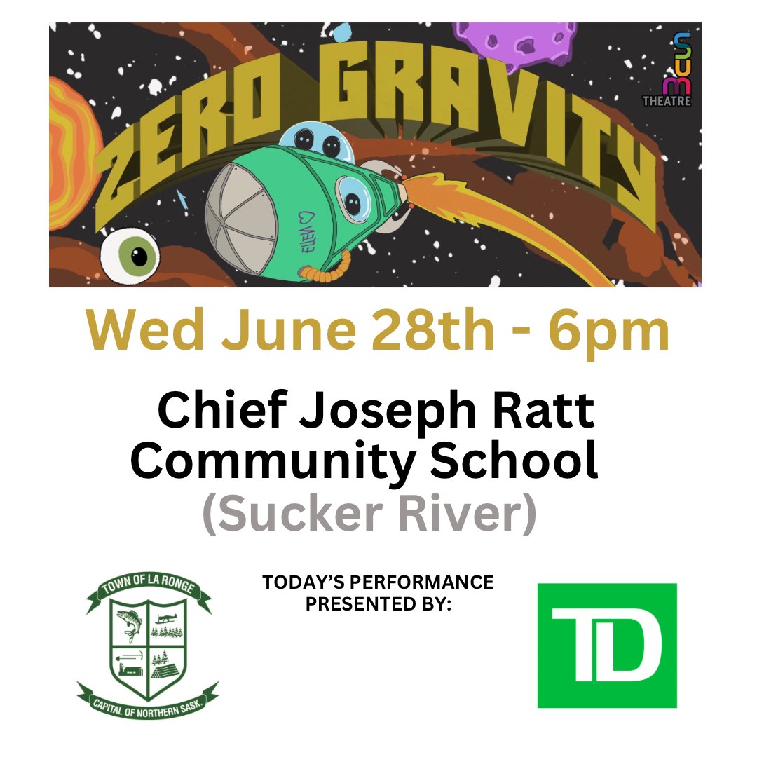 Slight CHANGE to today’s plan! We’re headed to Sucker River for a show!!
🌎💛🌳✨

Today’s performance presented by: The Town of LaRonge and  @td_canada 💛 

More Info:
SUMTHEATRE.COM 

#zerogravity #asl 
#theatreinthepark #sumtheatre 
#yxearts
#yxe