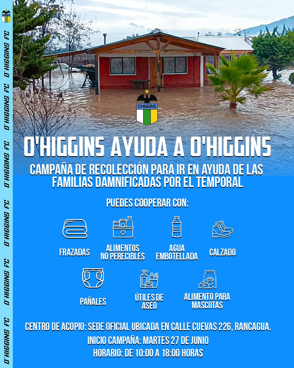 🇧🇼 ¡O'Higgins ayuda a O'Higgins! 🤝🏻

🙌🏻 Continuamos recibiendo tus donaciones en nuestra Sede Oficial ubicada en calle Cuevas 226, Rancagua para ir en ayuda de las familias damnificadas por el temporal.

🕙 Horario: de 10:00 a 18:00 horas.