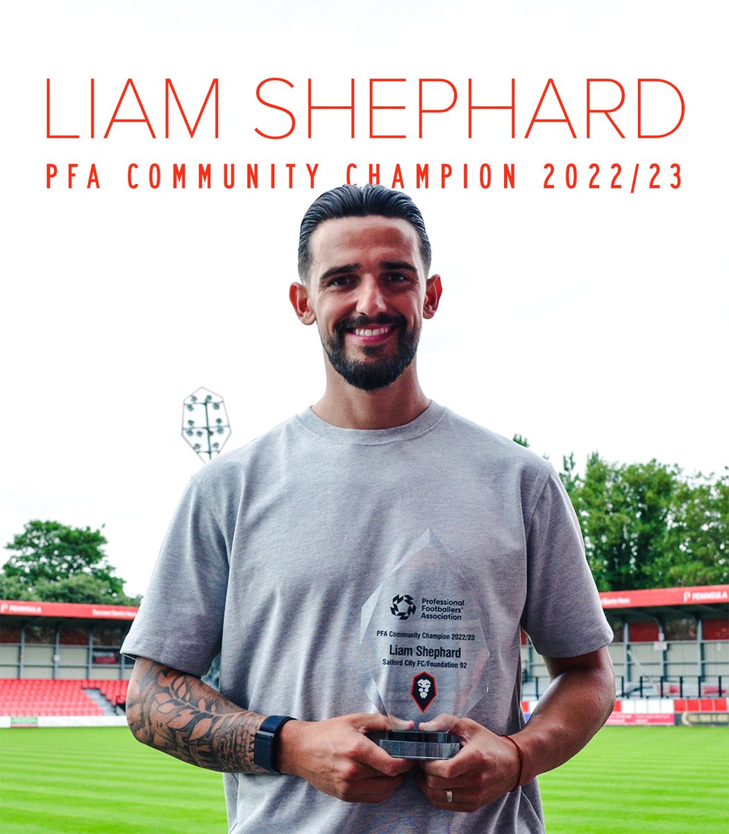 Liam Shephard has been named @SalfordCityFC's @PFA Community Champion for the 2022/23 season 🏆 We are delighted to present Liam with this award, recognising his outstanding commitment to the people of Salford ❤️ Well done, @Liam_Shep2! 👏 Read more: bit.ly/3ptvHaU