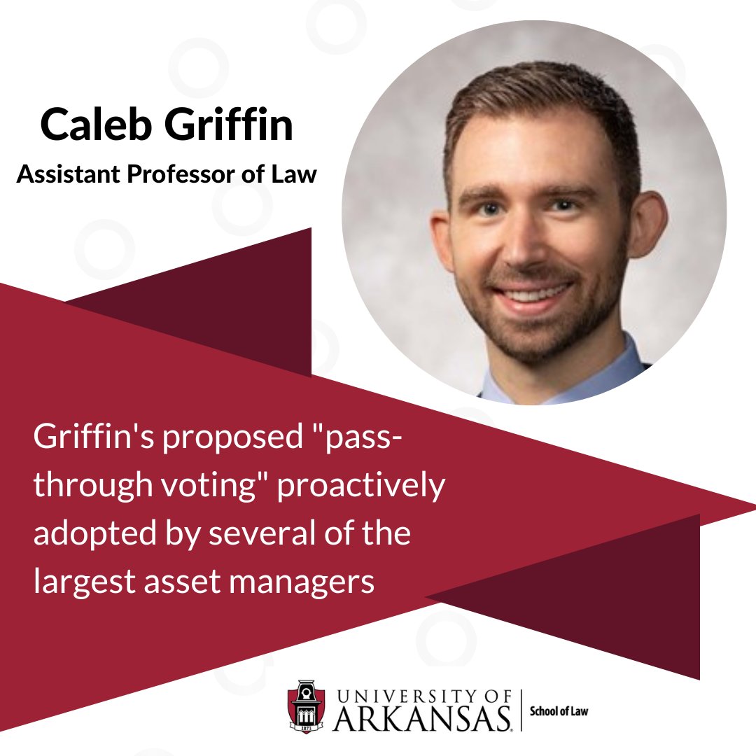 UARKLaw's tweet image. Through published articles and testimony before the U.S. Senate Banking Committee, #UARKLaw professor 
@CalebNGriffin  has proposed a new approach to corporate governance that empowers the individual investor over so-called index funds.

news.uark.edu/articles/64621…