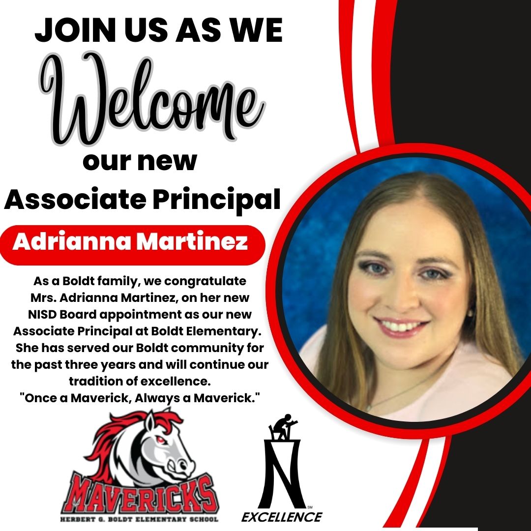 As a Boldt family, we congratulate Mrs. Adrianna Martinez on her new NISD Board appointment as our new Associate Principal at Boldt Elementary.

She has served our Boldt community for the past three years &amp; will continue our tradition of excellence. <a href="/NISDBoldt/">Boldt Elementary</a> <a href="/NISD/">Northside ISD</a>