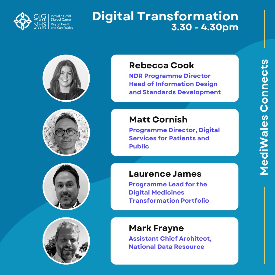 .<a href="/mediwales/">MediWales</a> Connects is coming to Cardiff on 29 June and DHCW will be there.

<a href="/BeccaWellsCook/">Rebecca Cook</a> will be chairing a session on digital transformation at 3.30pm, joined by colleagues Matt Cornish, Laurence James and Mark Frayne.

#MediWales #MWConnects  #MediWalesConnects