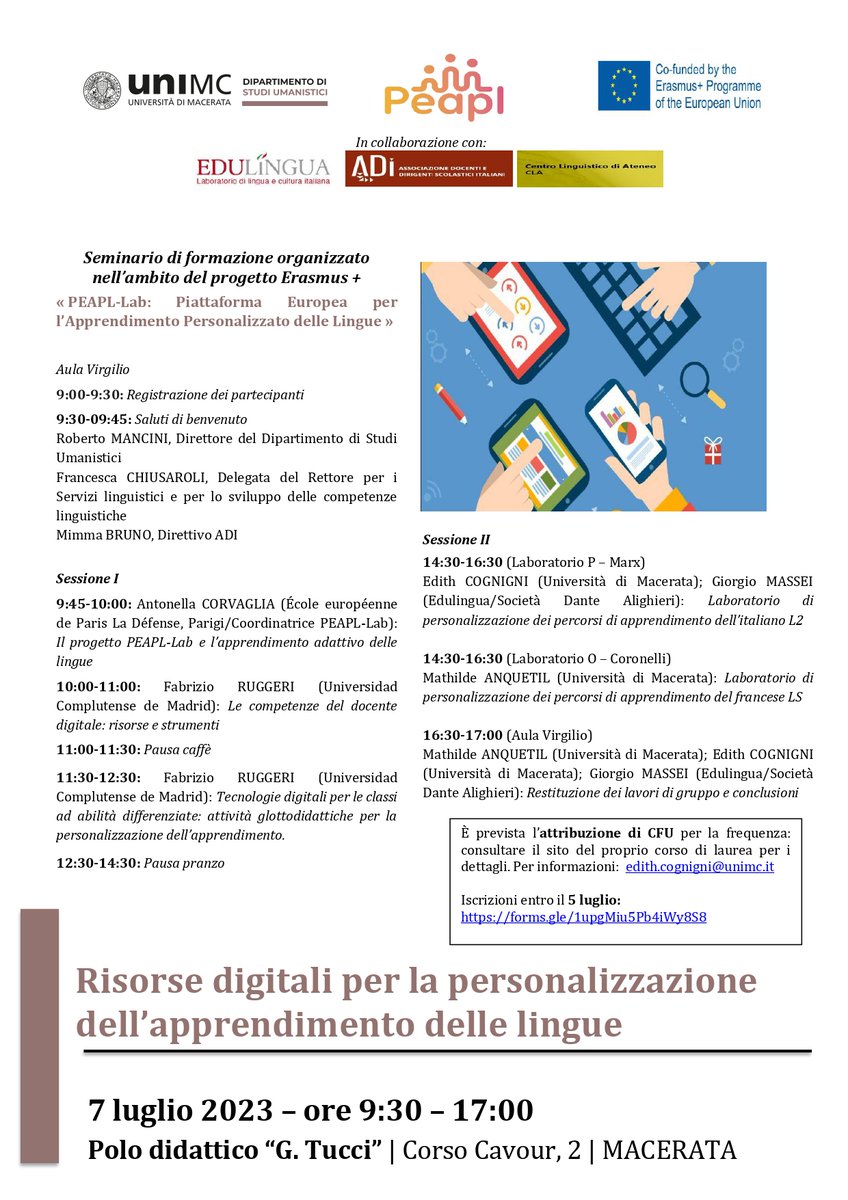 "Risorse digitali per la personalizzazione dell'apprendimento delle lingue".
La partecipazione è libera e gratuita previa iscrizione tramite il seguente form online (scadenza: 5 luglio 2023): forms.gle/1upgMiu5Pb4iWy…
