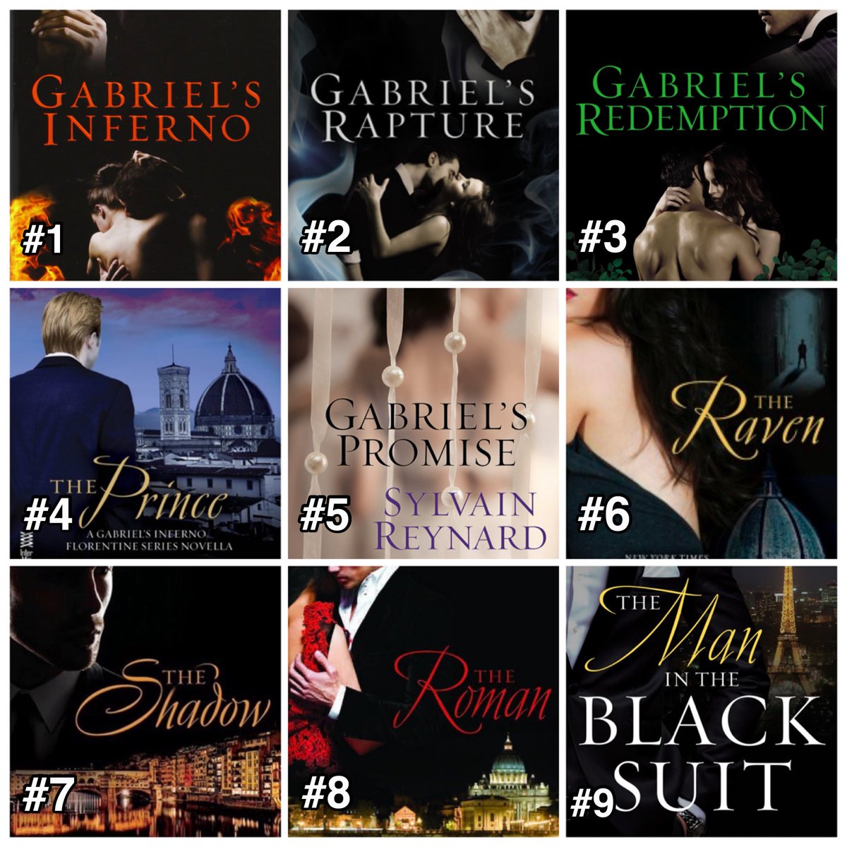 Are you new to @sylvainreynard’s novels? Welcome to a world of #Romance, #Redemption and #Mystery. 
Order of books:
1 #GabrielsInferno
2 #GabrielsRapture
3 #GabrielsRedemption
4 #ThePrince
5 #GabrielsPromise
6 #TheRaven
7 #TheShadow
8 #TheRoman
9 #TheManInTheBlackSuit