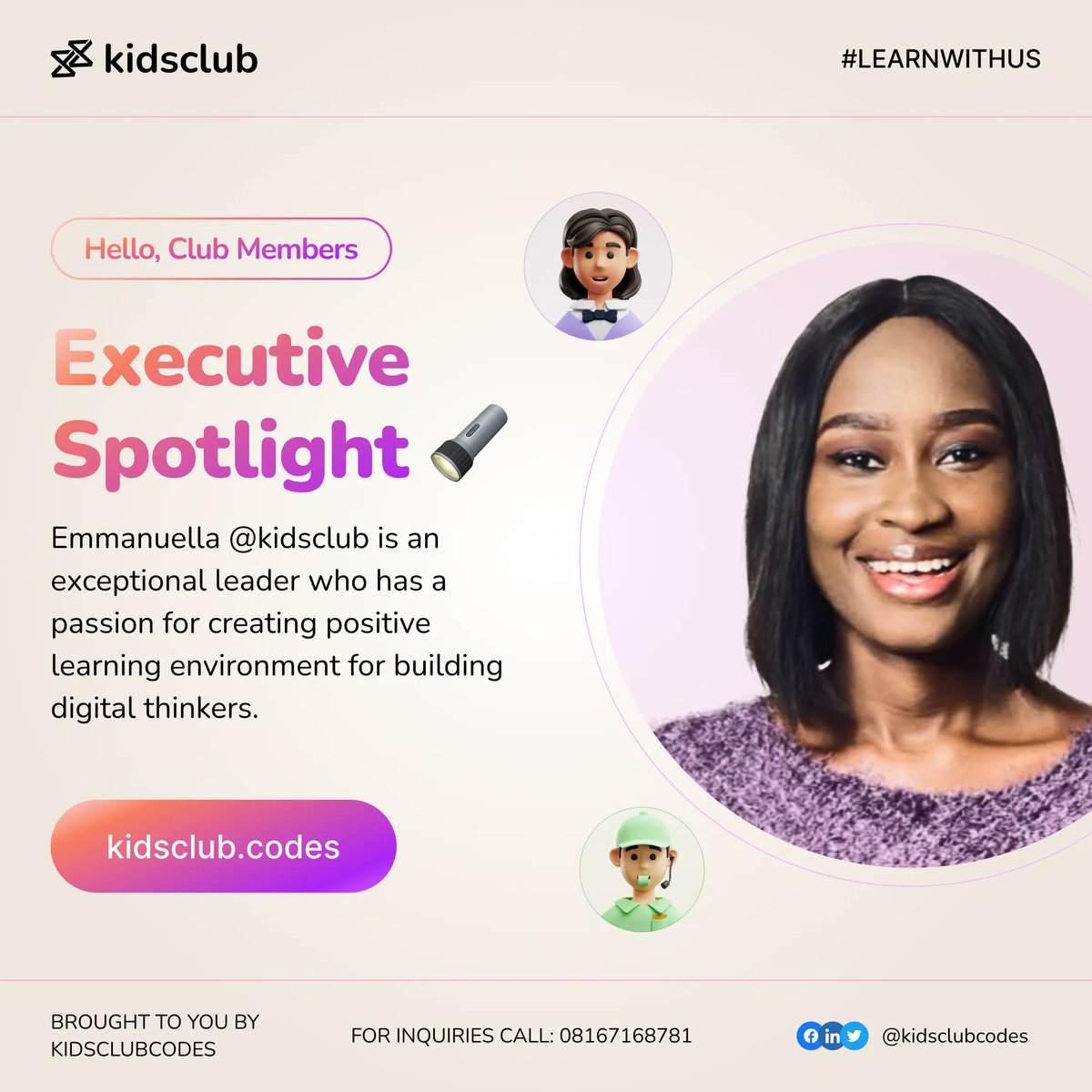 KidsClubZones's tweet image. Hello, it’s spotlight hour. 💡 

Our spotlight today is the cofounder of Kidsclub Codes, @Emmanuellaorioma. She is outstanding and passionate about creating a safe space for learning.

#spotlight #kidsintech #kidsclubcodes #techinnigeria
