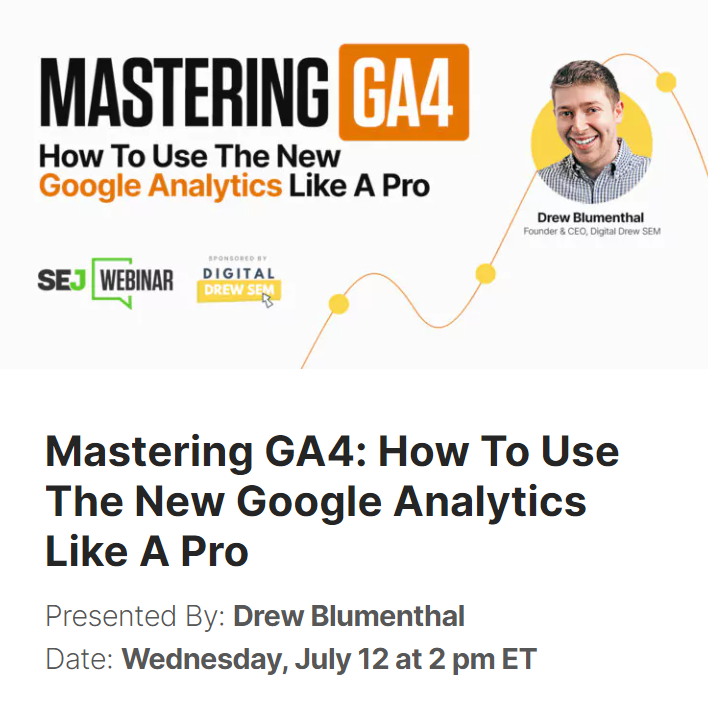 TripleDubMedia's tweet photo. Here's an event that's worth sharing: On July 12th, Search Engine Journal is hosting a free webinar to help you get up to speed on Google Analytics 4. Register @ https://t.co/i5lVEEmXhl https://t.co/QCqtWKJWhD