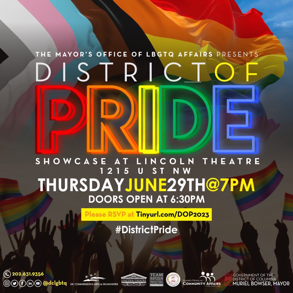 It's almost time for Pride Month's capstone event: the District of PRIDE Showcase!🏳️‍🌈🏳️‍⚧️

Join @dclgbtq for an evening of entertainment and performances celebrating the diverse talent of our LGBTQ+ community:

🗓️Thursday, June 29
⏰7PM
📍1215 U St NW
➡️tinyurl.com/DOP2023