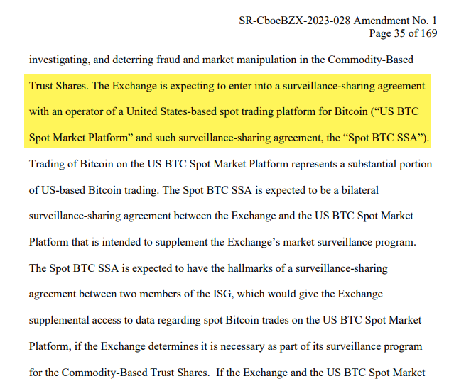 JUST IN: ARK has amended their 19b-4 for spot bitcoin ETF to include a surveillance sharing agreement bt CBOE and a crypto exchange (likely Coinbase), which makes their's like BlackRock's filing now, and puts them in pole position to be approved first bc they filed first.