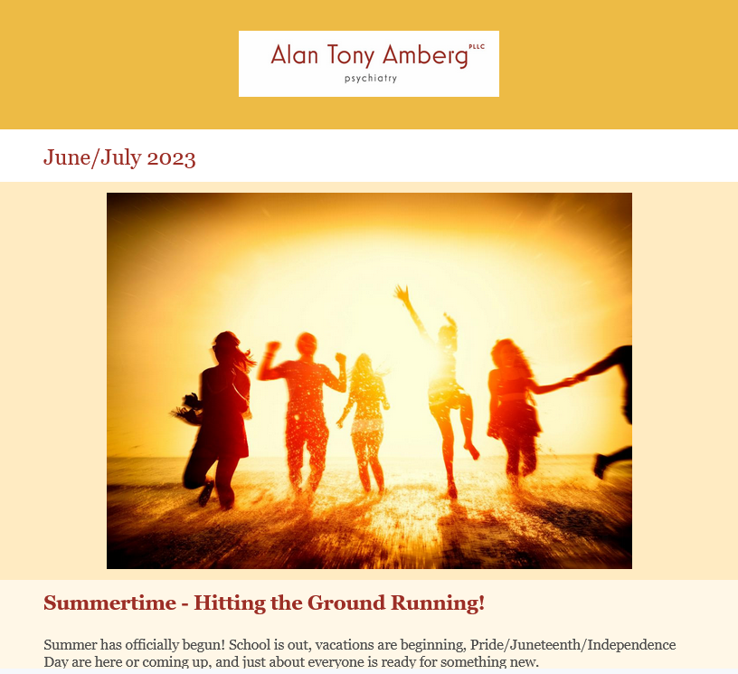 AlanTonyAmberg's tweet photo. Summertime!  It brings travel, holidays, speaking engagements, &amp; so much more.
Check out my latest newsletter for:

* New Patient Availability
* News &amp; Events
* My Latest Blog: Happiness

#nursepractitioners #mentalhealth #medicationmanagement

https://t.co/HcNrfobNtm https://t.co/L9rixSoW7T