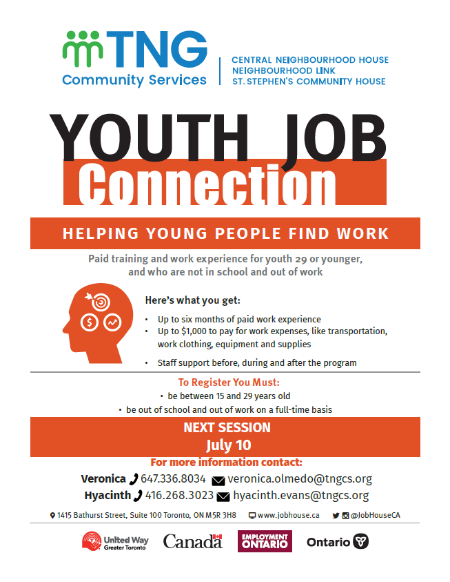 JobHouseCA's tweet photo. The next YJC group starts July 10th! This program provides 2 weeks of paid workshops, up to 6 months of paid work experience and more! To register: Veronica 647-336-8034 Veronica.Olmedo@tngcs.org or Hyacinth 416.268.3023 hyacinth.evans@tngcs.org #youth #youthemploymentprogram https://t.co/F1wT0tvpfM
