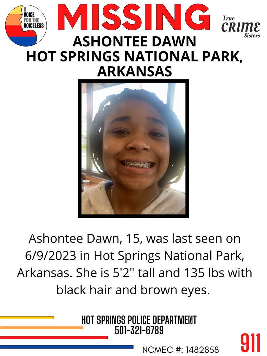 PLEASE‼️It only takes one second to share this #missingperson 
NCMEC #: 1482858
#AshonteeDawn, 15, was last seen on 6/9/2023 in #HotSpringsNationalPark, #Arkansas. She is 5'2' tall and 135 lbs with black hair and brown eyes. 
Hot Springs Police Department
501-321-6789