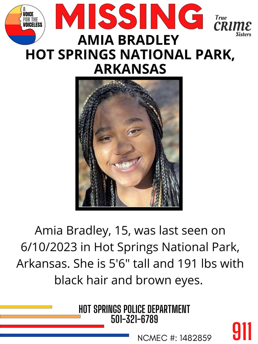 PLEASE‼️It only takes one second to share this #missingperson
NCMEC #: 1482859
#AmiaBradley, 15, was last seen on 6/10/2023 in #HotSpringsNationalPark, #Arkansas. She is 5'6' tall and 191 lbs with black hair and brown eyes.
Hot Springs Police Department
501-321-6789