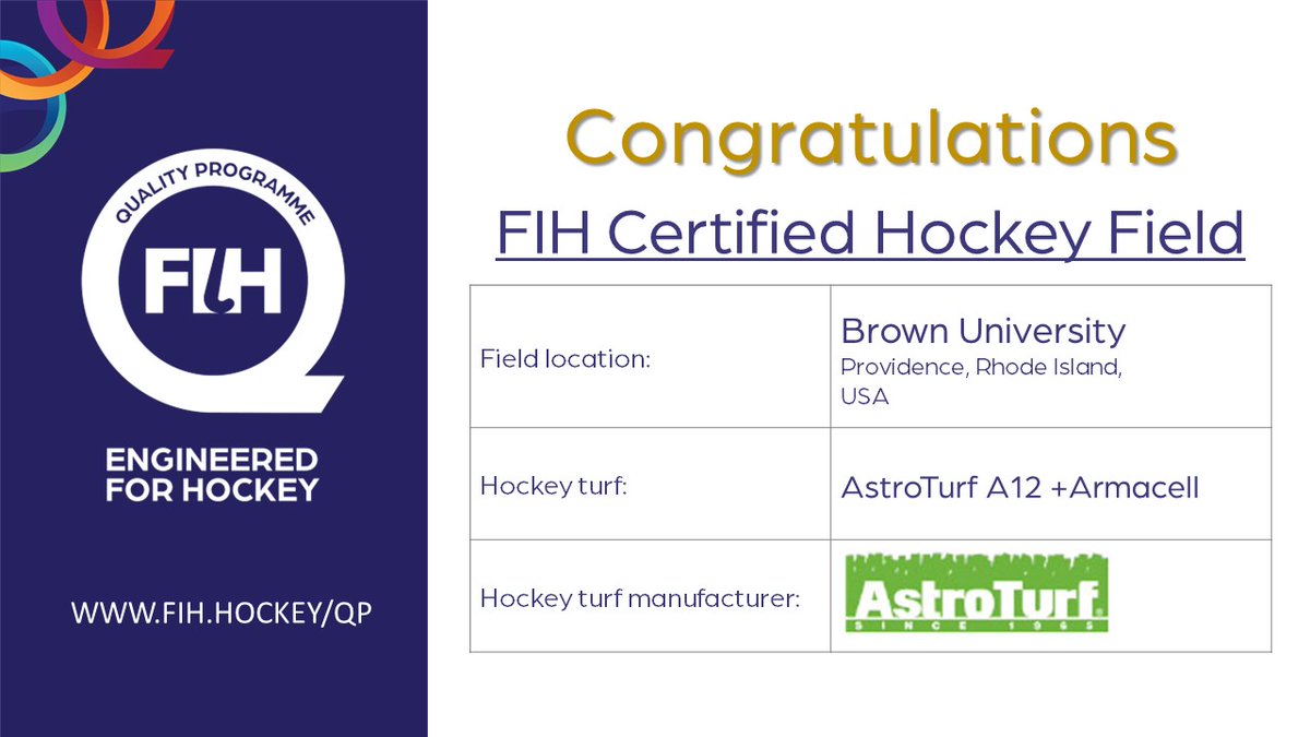FIHQP's tweet photo. Congratulations Brown University @BrownUniversity , Providence - USA, on their FIH Category 3 certified hockey field!
@AstroTurfUSA, @USAFieldHockey, @PanAmHockey https://t.co/5141xxrqEC