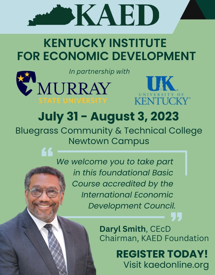 Join us for our upcoming KIED Basic Economic Development Course held in Lexington, Kentucky. 

For more information, or to register please visit: bit.ly/3Xrg9Rr