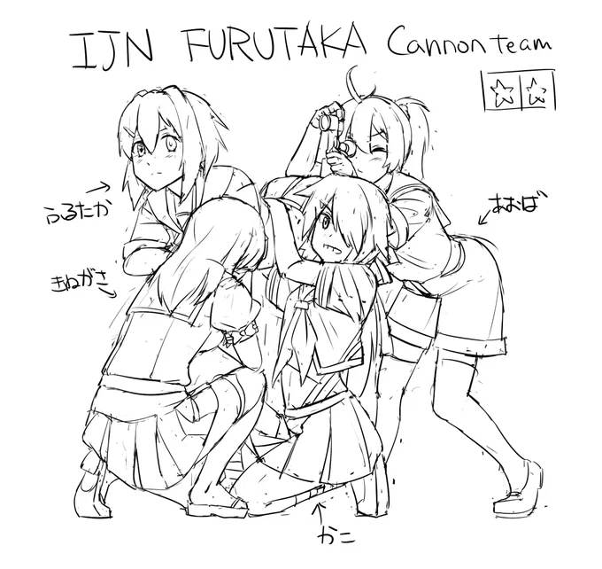何だか自分のトレンドに古鷹がよくでてたので落書き。 古鷹砲チームセット(砲は含まれます) 古鷹を加古と衣笠が担ぎ、青葉が照準器を古鷹のお尻においてまさに射撃するシーンのキットです ちな発射の際は古鷹のお尻をひっぱたきます #艦これ