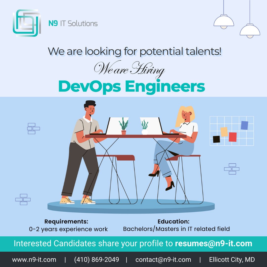 We are Hiring for the position of DevOps Engineers in our USA location. just mail your resume to resumes@n9-it.com Contact us for more details - +1 410-869-2049 Website - n9-it.com #aws #awscloud #awsjobs #awscareer #DevOpsjobs