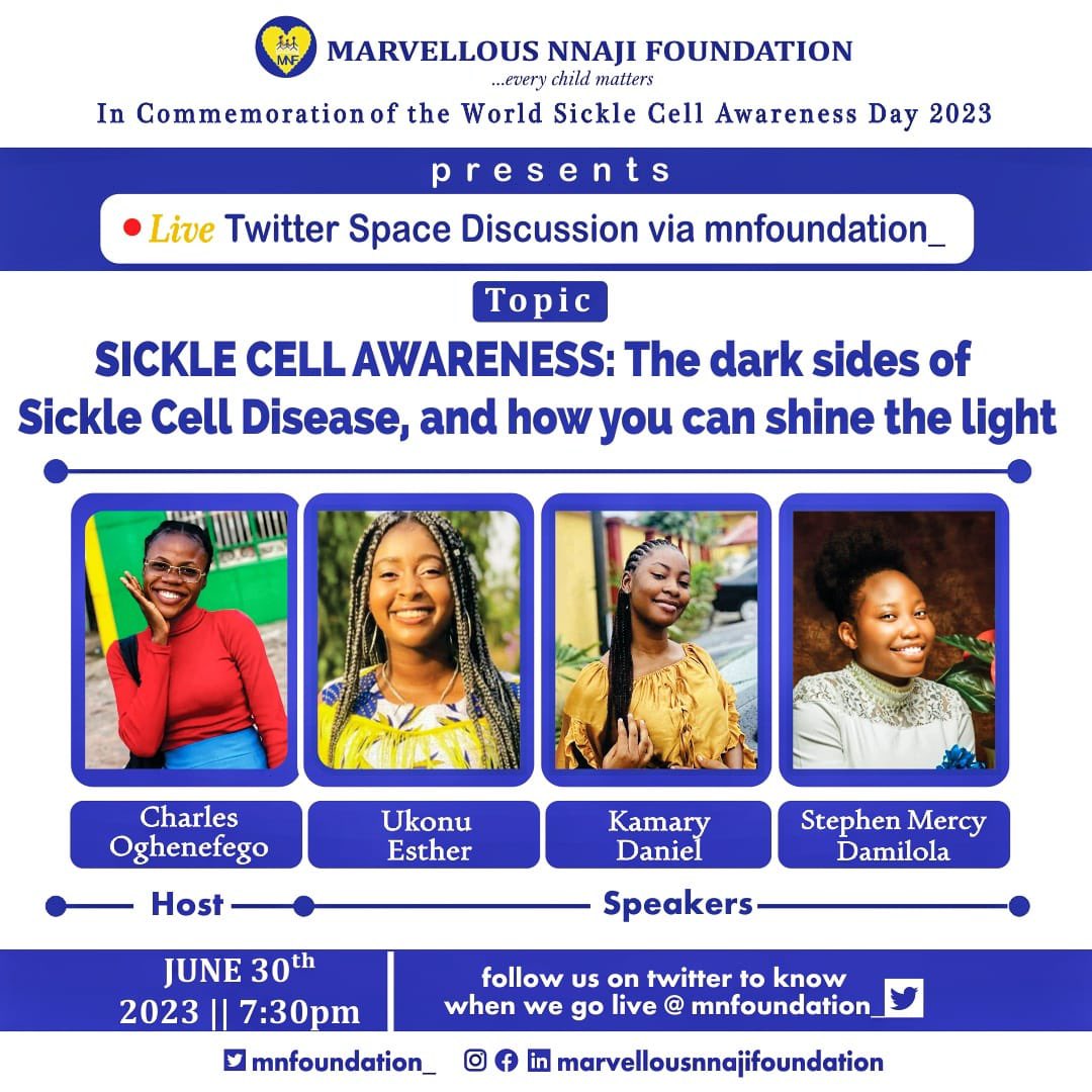 MNFoundation_'s tweet photo. Join us in this educative discussion on Friday, June 30th by 7:30pm via the Twitter space link: https://t.co/4LILrIf4kh
as we throw more light on the dark sides of SCD and how you can shine the light. 
Also follow us on:https://t.co/DDjbmJpE0H to know we we commence the session. https://t.co/eIlfEZ0RaS