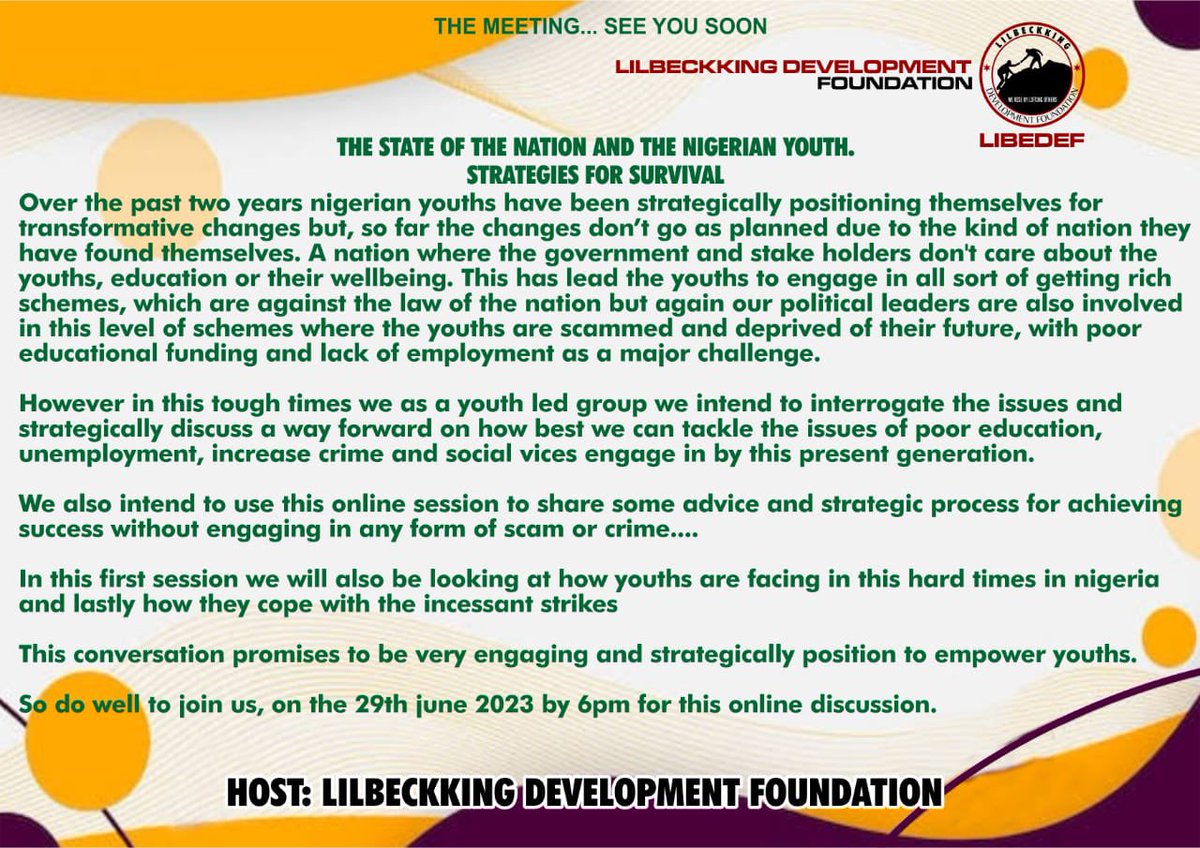 libedef's tweet photo. Do well to join us on this discussion and let’s talk about THE STATE OF THE NATION and THE NIGERIAN YOUTH.

#libedef #foundation #development #ngo #charity #un #UnitedNations #nigeria #usa https://t.co/Qpas7oONM9