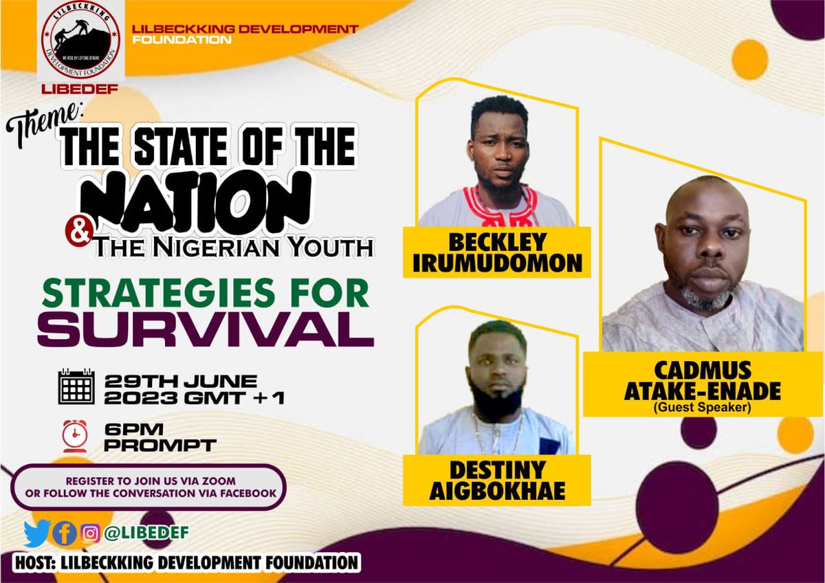 libedef's tweet photo. Do well to join us on this discussion and let’s talk about THE STATE OF THE NATION and THE NIGERIAN YOUTH.

#libedef #foundation #development #ngo #charity #un #UnitedNations #nigeria #usa https://t.co/Qpas7oONM9