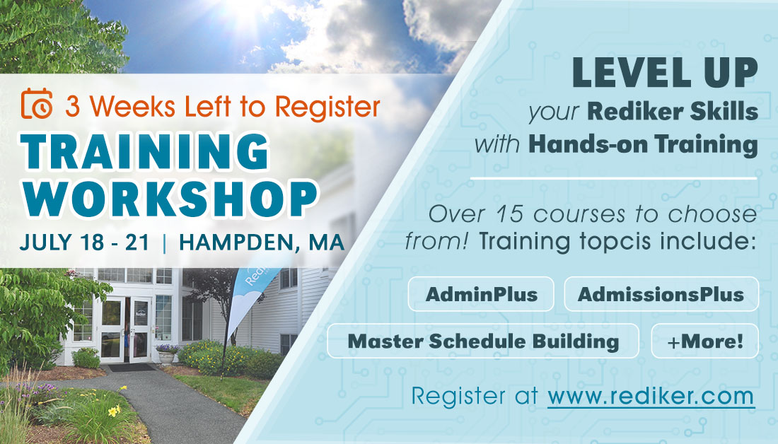 RedikerSoftware's tweet photo. Gearing up for our Summer Training Workshop next month, July 18-21 - it's only 3 weeks away! Rediker Software users get 4 days of in-person professional development training to level up their #AdminPlus and other Rediker skills. Registration & details at: https://t.co/LeAscn6CLX https://t.co/cGBkIi6joj