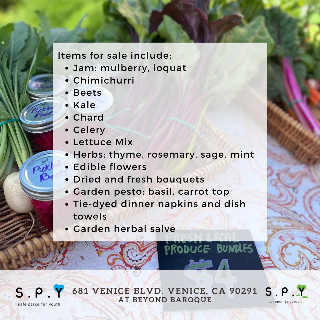 Stop by SPY’s Community Garden (681 Venice Blvd 90291) on Sat., 7/8 to pick up some fresh produce and tie-dye a t-shirt with natural dyes! Items for sale include mulberry and loquat jam, chard, fresh herbs, &amp; more! 

Proceeds support SPY’s services for unhoused youth in LA.