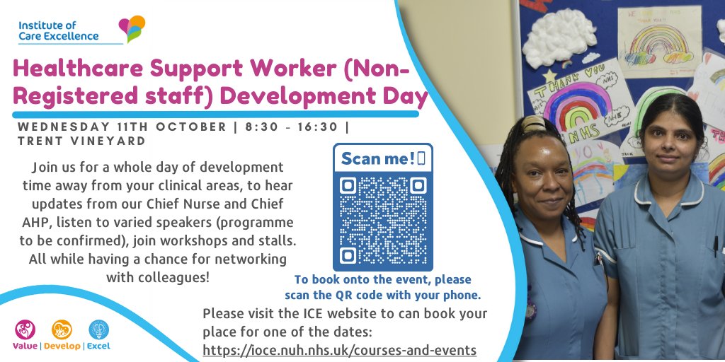 📢Calling all HCSWs at @nottmhospitals! Join us for a whole day of development time away from your clinical areas to join workshops and stalls, all while having a chance for networking with colleagues! Find the details and dates to book your place here: bit.ly/3Z19uMQ