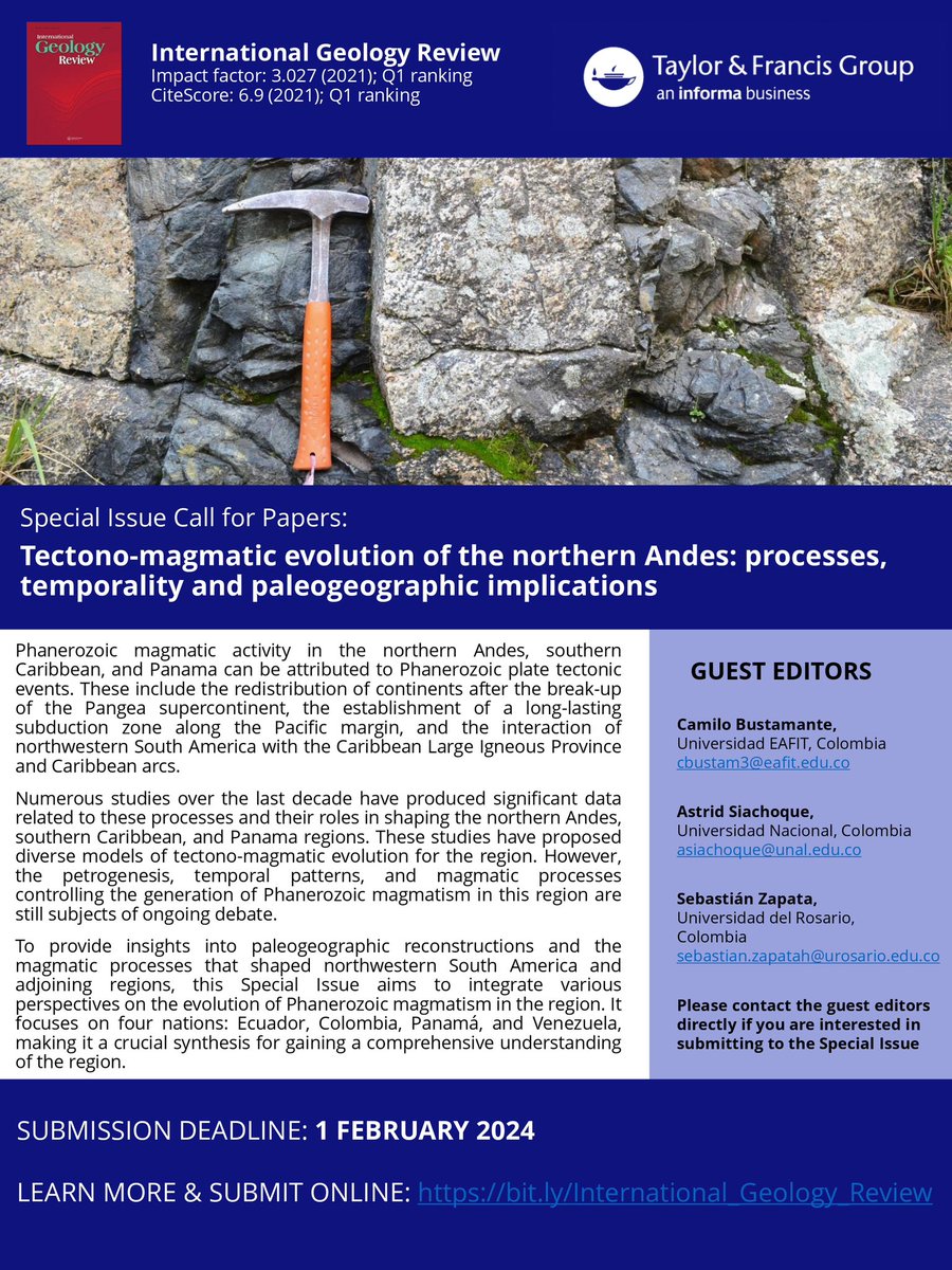 AstridSiachoque's tweet photo. 📣 Special Issue Call for Papers on “Tectono-magmatic evolution of the northern Andes: processes, temporality, and paleography implications” 

Details for submissions ⬇️ 

#Geology #ArcMagmatism #AndeanOrogeny #Research https://t.co/lizbc3j5ez