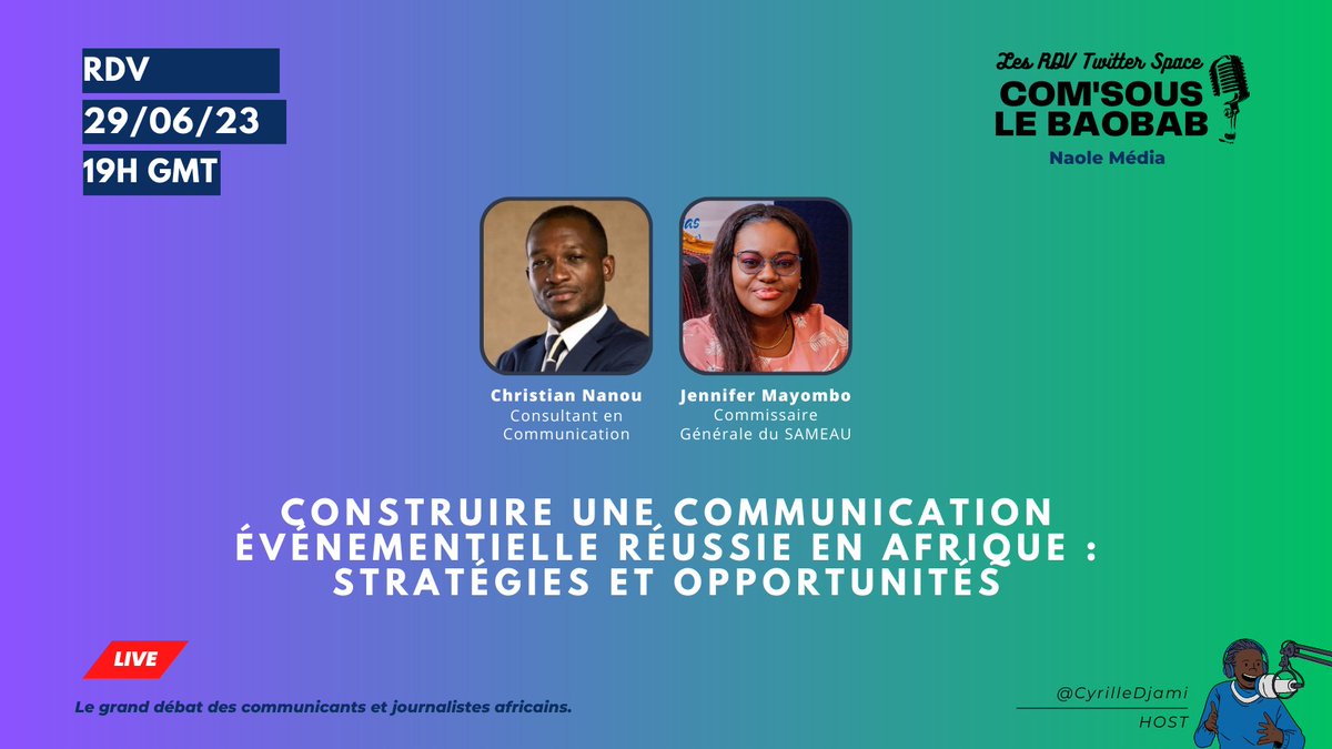 CommsOfAfrica's tweet photo. 📢 RDV ce jeudi 29/06 dès 19h GMT, pour le grand débat des communicants et journalistes africains, #ComSousLeBaobab 🎙️

Nous discuterons des stratégies clés nécessaires, pour réussir la #communication autour d'un événement sur le continent.
 https://t.co/g24U50QOdr https://t.co/5o9uGtq5u8
