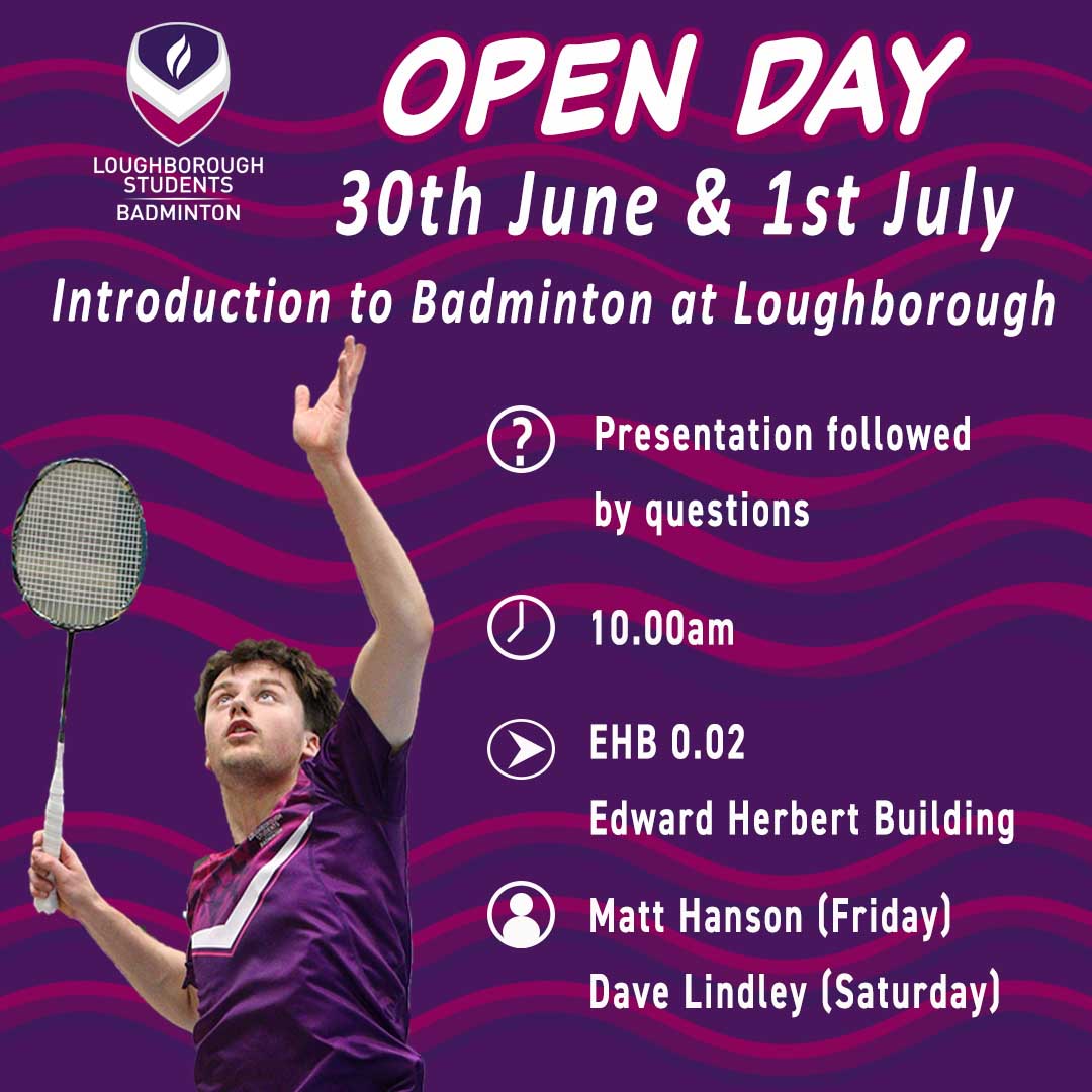 If you're coming to our open days this Friday and Saturday and want to know more about our amazing badminton programme offer, please head over to Edward Herbert Building @ 10am!! 🏸 
#lborobadders #university #openday #lboroopenday #lborosport #lborouniversity #lborouni