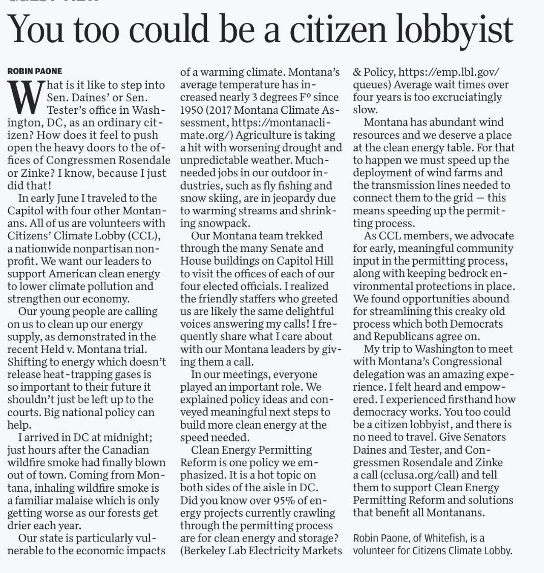 What's it like to step into your senator's office in Washington, D.C., as an ordinary citizen? Montana CCLer @RobinPaone explains in an op-ed in the @missoulian #grassrootsclimate