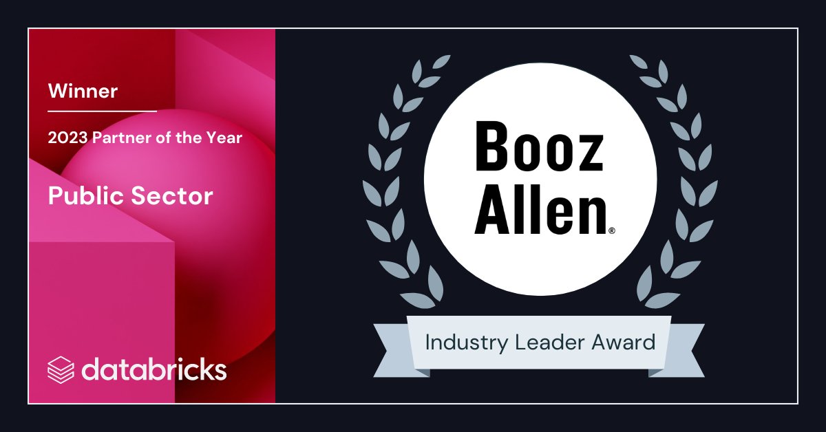 Thrilled to be recognized as the 2023 Databricks Public Sector Partner of the Year! We are honored to work alongside @databricks partnering to drive great outcomes on behalf of our customers and their missions. boozallen.co/3COKkZ7