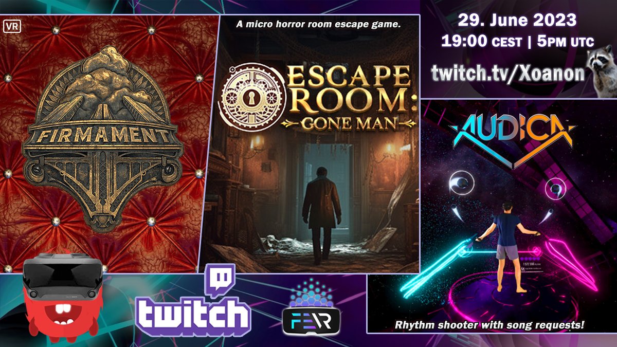 _Xoanon_'s tweet photo. In 30 mins #stream on #Twitch: Finishing #Firmament in #VR &amp; if we end early more puzzles with #GoneMan, then #AUDICA!🎶

➡️https://t.co/JrW81S9mYc🦝

@cyanworlds @SuplifeGames #VirtualReality #TwitchStreamers #TwitchStreamer #SupportSmallStreamers @pulsoid_app #Pulsoid #SteamVR https://t.co/UPFkTwK6R2