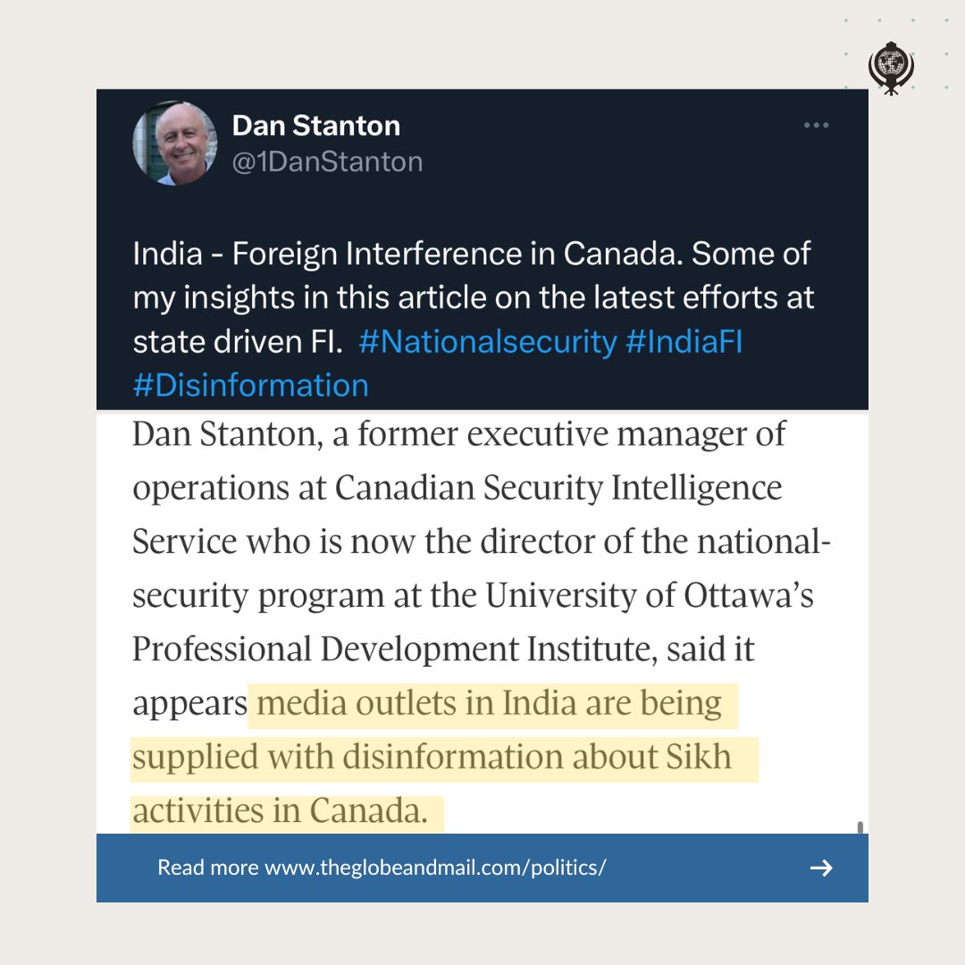 WorldSikhOrg's tweet photo. An article by Steve Chase published today by the Globe and Mail exposes how the Government of India is propagating misinformation about a March protest at the Indian High Commission in Ottawa against the draconian operations against Bhai Amritpal Singh.

Read the full article - https://t.co/YdHZXlUFa8

#ForeignInterference #Disinformation #GodiMedia