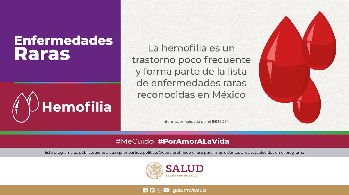 #EnfermedadesRaras I #Hemofilia 🧬🩸

La #Hemofilia, una enfermedad hereditaria que afecta la coagulación de la sangre.

Conoce más en  ➡️ bit.ly/3KKly1O

#MeCuido #PorAmorALaVida