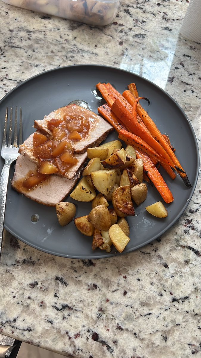 This is why stream is delayed. Sheet pan, roast pork with potatoes, carrots, and hoisin nectarine sauce