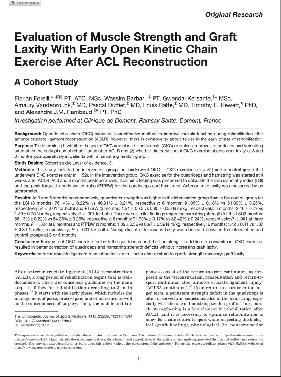 ForelliFlorian's tweet image. 💥NEW PAPER💥
You can use early OKC after ACLR 🧵🫵
❌ No graft laxity
⬆️ Q & H strength
✔️Volume training stay the most important
✔️ Focus on movement quality
✔️ Pain, ROM, Swelling & laxity monitoring 👌🏻
📚 journals.sagepub.com/doi/10.1177/23…
@Hewett1Tim @AJM_Rambaud @OJSM_SportsMed
