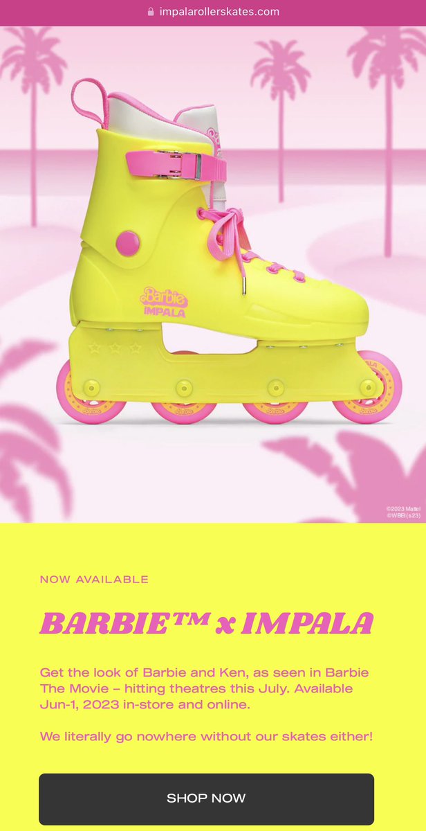 CP6Podcast's tweet photo. "Impala Skates x Barbie"
Colaboración especial entre la marca de patines "Impala Skates" y la película de "Barbie".
Lanzarán los patines, protección y calcetas de la película.
#Barbie #BarbieMovie #BarbieTheMovie #ImpalaSkates https://t.co/uMZgwoWGon