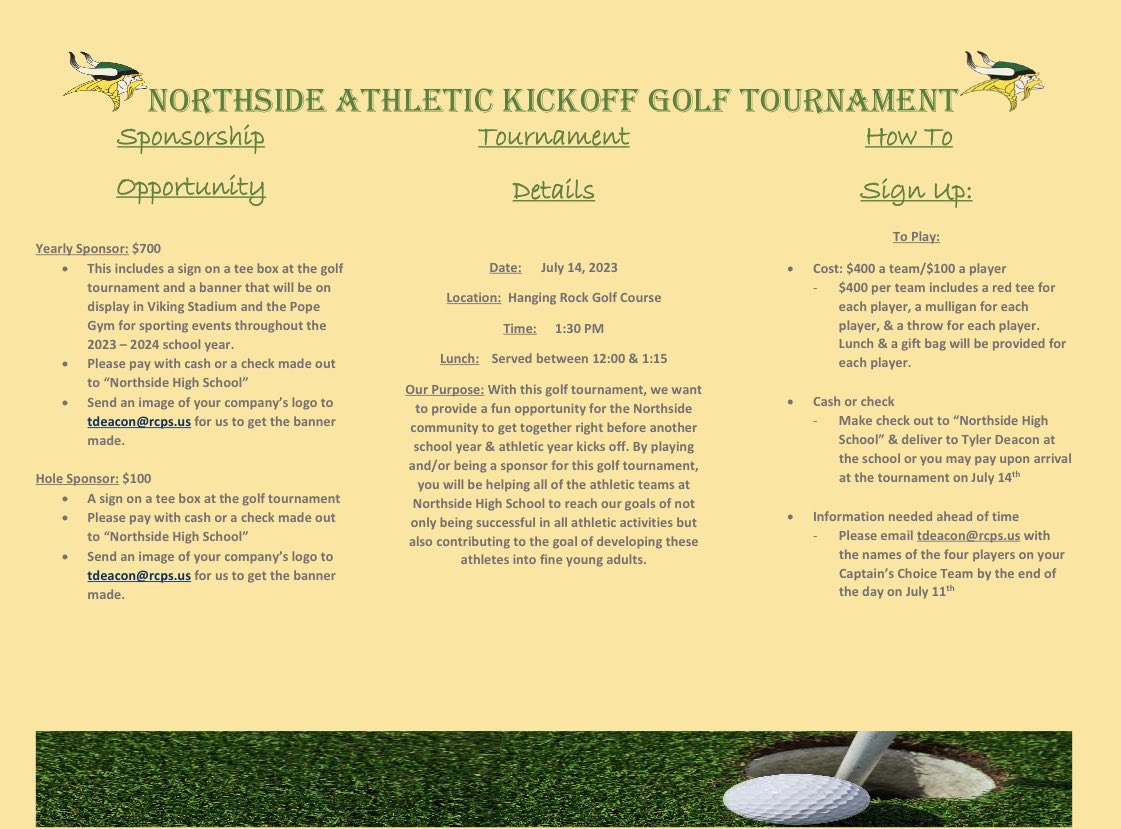 Northside Athletics (@vikingsportsnhs) on Twitter photo Still some openings for teams and sponsorship opportunities! Reach out to Tdeacon@rcps.us if interested! Still some openings for teams and sponsorship opportunities! Reach out to Tdeacon@rcps.us if interested!