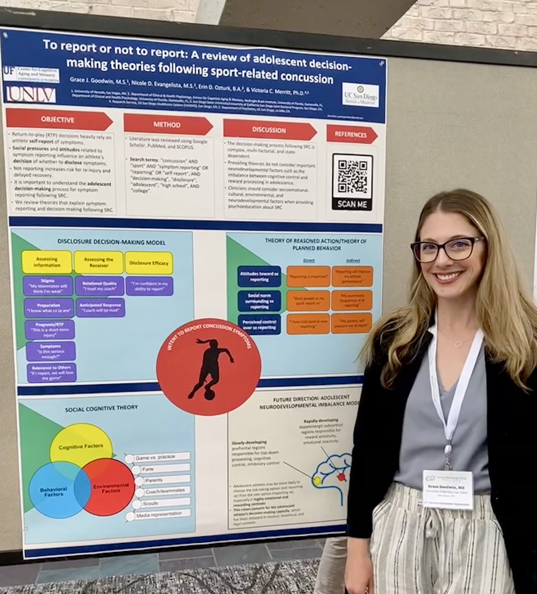 UNLVBrainHealth's tweet photo. 🎉 Congratulations to Grace Goodwin on presenting her research poster titled "To report or not to report: A review of adolescent decision-making theories following sport-related concussion" for the Sports Neuropsychology Society’s Annual Symposium! https://t.co/2CWk1dUfMS