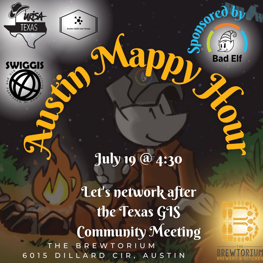 URISATexas's tweet photo. Join URISA Texas, SWIGGIS, & Austin CADD User Group
for a Mappy Hour after the Texas GIS Community Meeting at ACC Highland.
Sponsored by Bad Elf. Cheers!
All welcome! No membership required!
Register here: https://t.co/rSVysOstnu
#urisa #urisatexas #SWIGGISAustin #TNRIS #BadElf https://t.co/CcbEPFDk40