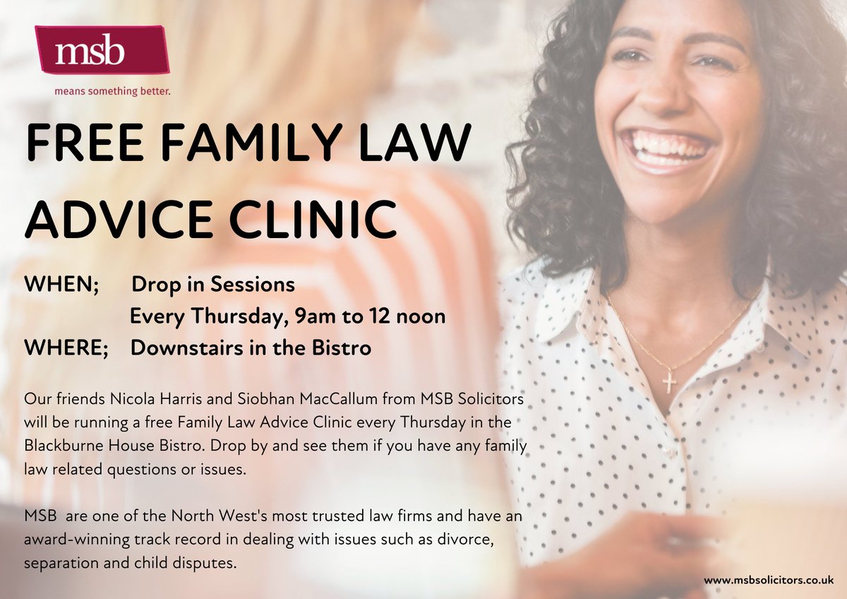 BlackburneHouse's tweet photo. #Didyouknow that @MSBSolicitors run a free family law advice clinic every Thursday morning at Blackburne House? No appointment necessary; simply drop in between 9am and 12pm to use this fantastic service 💜 https://t.co/IWejQBu5WU