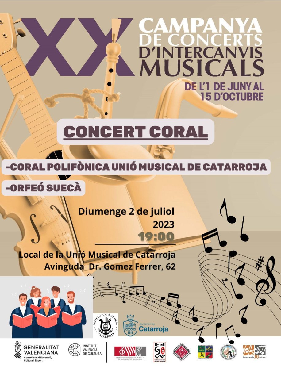 UMCatarroja's tweet photo. La coral Unió Musical de Catarroja participarà conjuntament amb l’Orfeó Suecà en la campanya d'Intercanvis musicals que organitzen des de la @FSMCV 🤩

No vos ho podeu perdre! 💚

#uniomusicalcatarroja #coral #concert #fsmcv #orfeosueca #intercanvismusicals 
#Catarroja #Sueca https://t.co/MUi32FQahP