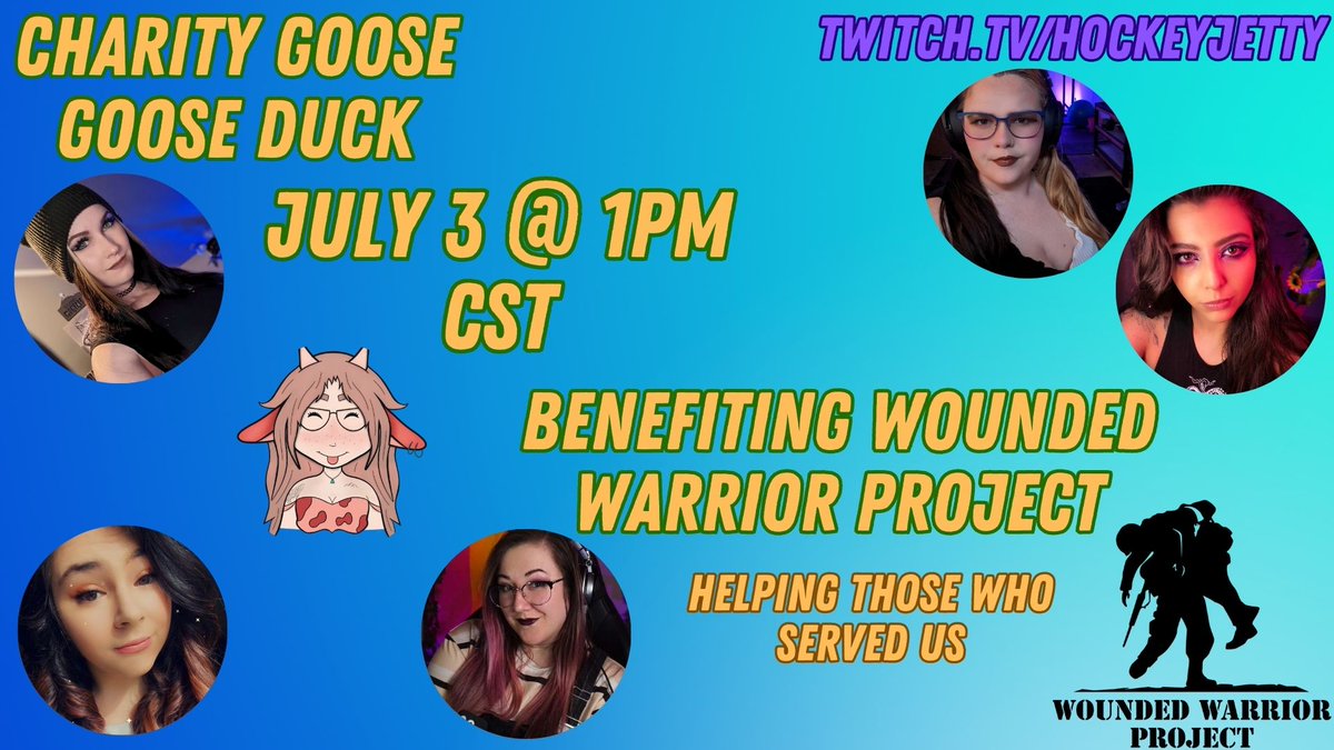 Monday, July 3 at 1pm CST is the big #Charity Event for <a href="/wwp/">WWP</a>! Join me and 10 other lovely streamers in our goal to raise $600 while playing <a href="/ggd_game/">Goose Goose Duck</a>! Chaos will be ensuing, including the possibility for you all to egg me, several times! Twitch.tv/hockeyjetty #twitch #streamer