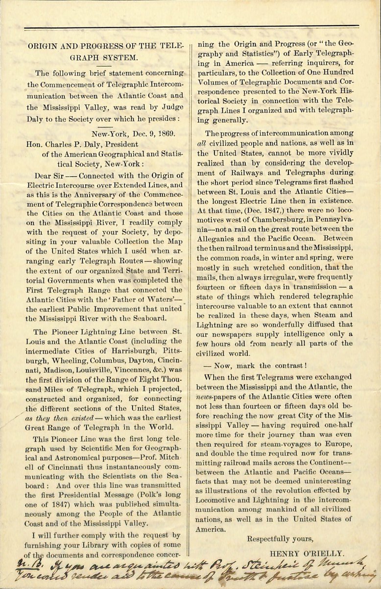 BigelowPapers's tweet photo. December 23, 1870- A letter from Henry O'Rielly to John Bigelow. O'Rielly sent Bigelow an article he wrote about the technology of the telegraph. https://t.co/1JU3beyx2t