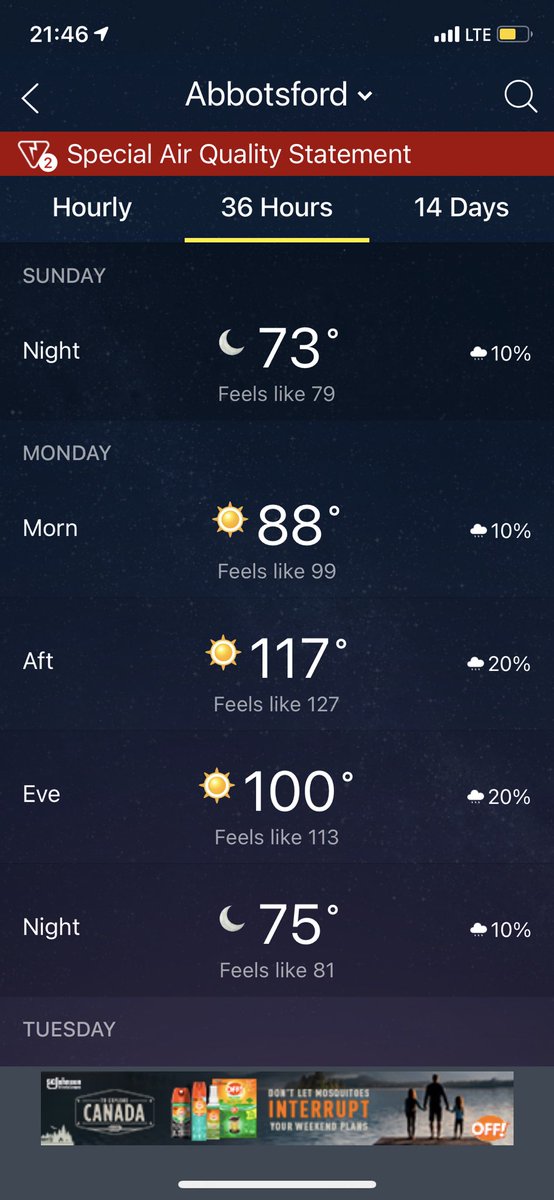 I Still find it unfathomable that this was the forecast for June 28, 2021 in #Abbotsford #BC— while #YXX did not hit 117°F, it still hit an oppressive all-time rec’d high of 42.9°C/109°F w/ a humidex (Cdn heat index) of 50C/122F

#OTD #ThisDayInWeatherHistory #BCstorm #BCheat