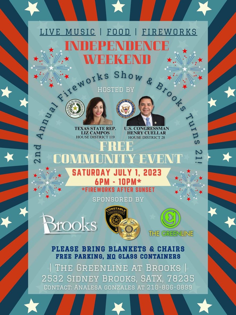 🎆 <a href="/VoteLizCampos/">Liz Campos</a> and <a href="/RepCuellar/">Rep. Henry Cuellar</a> are hosting a FREE Independence Day Weekend community event at The Greenline. Enjoy a DJ, food vendors, face painting, fireworks, and much more. Bring your own blanket, chairs, and furry friends, too! 🎆 #greenlinesa #satx #fourthofjuly